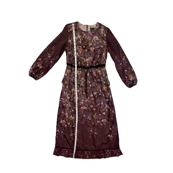 Annah Hariri Size 6 Singapore Modest Floral Maxi Dress Burgundy Boho Ruffle  NWT